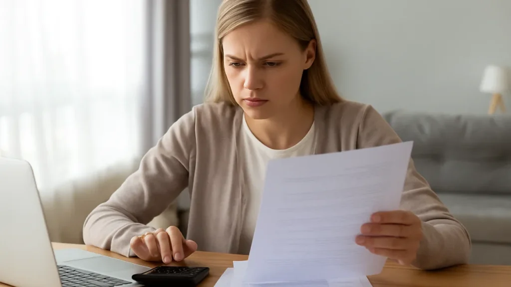 Kobieta analizująca dokumenty finansowe i licząca raty kredytów przy użyciu kalkulatora