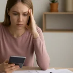 Kobieta siedząca przy stole, trzymająca kalkulator i analizująca domowe wydatki
