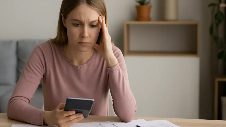 Kobieta siedząca przy stole, trzymająca kalkulator i analizująca domowe wydatki