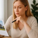 Młoda kobieta analizująca ofertę zakupu domu, siedząca przy stole z dokumentami i laptopem