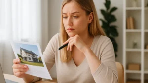 Młoda kobieta analizująca ofertę zakupu domu, siedząca przy stole z dokumentami i laptopem