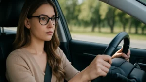 Kobieta w okularach prowadząca samochód w słoneczny dzień