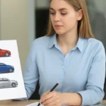 Kobieta siedząca przy biurku, analizująca ofertę zakupu samochodu i podpisująca dokumenty kredytowe