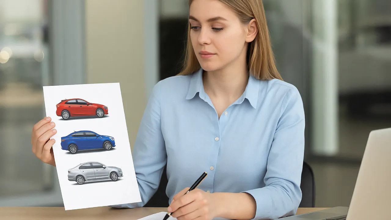 Kobieta siedząca przy biurku, analizująca ofertę zakupu samochodu i podpisująca dokumenty kredytowe