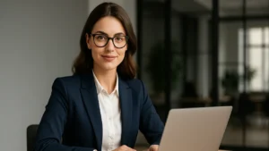 Pewna siebie kobieta pracująca przy laptopie, symbolizująca niezależność i rozwój zawodowy w branży handlowej.