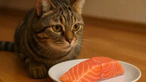 Kot patrzy na surową rybę – Czy kot może jeść surową rybę?